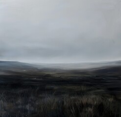Gemälde einer skandinavischen Landschaft, Berg und Tal, Himmel mit Wolken, düster und melancholisch, Kulisse für Krimi und Thriller