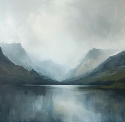 Gemälde einer skandinavischen Landschaft, Berg, Tal und See, Himmel mit Wolken, düster und melancholisch