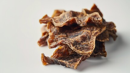 Close shot of dried beef tripe on a studio clean backdrop with space for text or product, Generative AI.