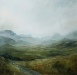 Gemälde einer skandinavischen Landschaft, Berg, Tal und Weg, Himmel mit Wolken, düster und melancholisch - obrazy, fototapety, plakaty