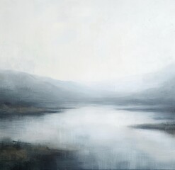 Gemälde einer skandinavischen Landschaft, Berg, Tal und See, Himmel mit Wolken, düster und melancholisch