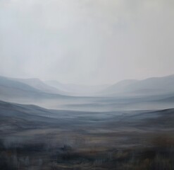 Gemälde einer skandinavischen Landschaft, Berg, Tal und See, Himmel mit Wolken, düster und melancholisch - obrazy, fototapety, plakaty
