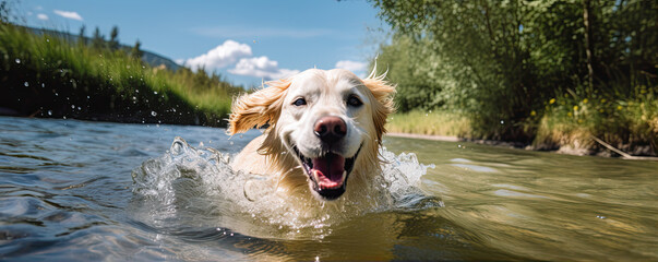 Happy dog swimm in river. Dog play in water. banner - obrazy, fototapety, plakaty