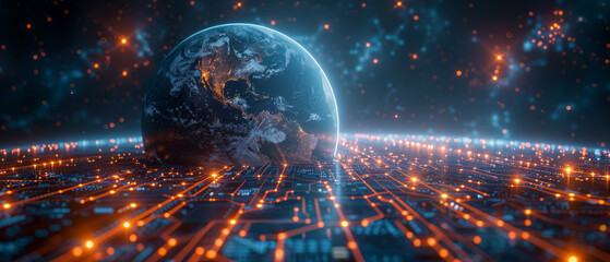 Computer board, image planet Earth, circuit board, stars, blue blurred sky