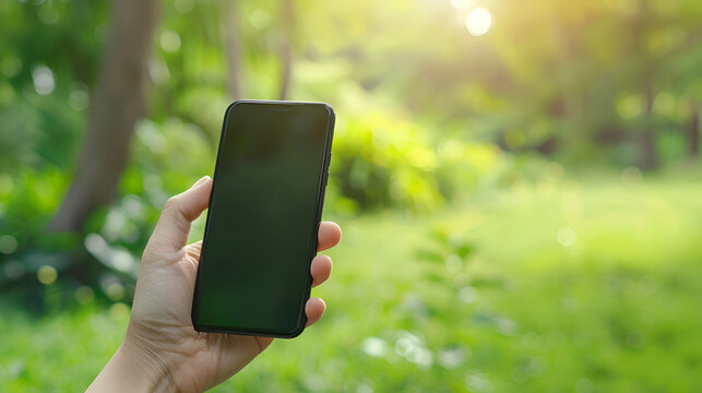 hands holding a smartphone blank screen with green nature background. Space for text,phone in his hand on a green background with flares,Smart farmer use digital photo to place on online market

