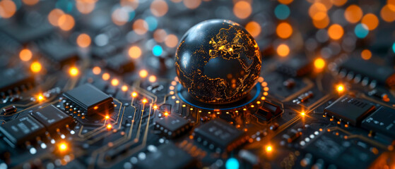 Computer chip with glowing globe on top, futuristic and technological vibe - obrazy, fototapety, plakaty