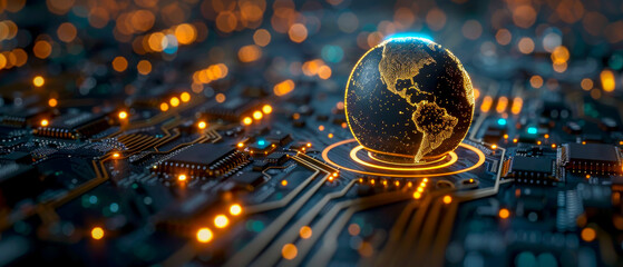 A glowing globe is on top of a computer chip, interconnections of the world