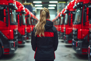 Woman overlooking line of red trucks - obrazy, fototapety, plakaty