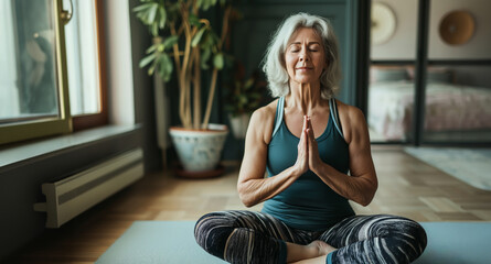 Elderly attractive senior woman or lady doing yoga or meditating on a yoga mat in the living room - theme rest and relaxation