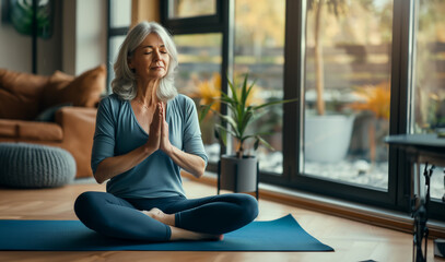 Elderly attractive senior woman or lady doing yoga or meditating on a yoga mat in the living room - theme rest and relaxation