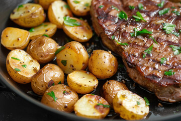 Steak seasoned with garlic butter and roasted potatoes