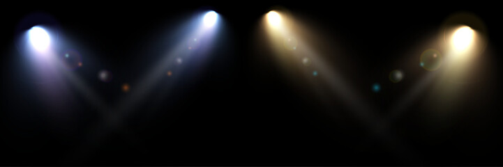 A set of bright light spotlights isolated on a black background. Vector glowing light effect with transparent rays.