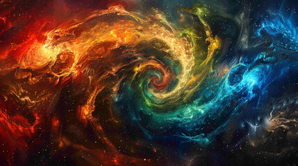 Swirling galaxies of color merging and colliding in a cosmic ballet of creation.