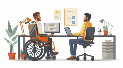 Man in a wheelchair with colleague working on laptops in office