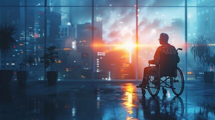 Businessman in a wheelchair in a modern office lonely after a busy day