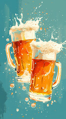 Illustration of two beer mugs on a blue background, Oktoberfest concept, created with generative AI technology 