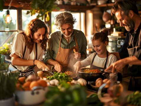 Joyful Family Cooking Together with Locally Sourced,Package-Free Ingredients in a Warm,Cozy Kitchen Setting