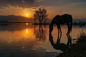 Fototapeta na wymiar a horse drinking water at sunset