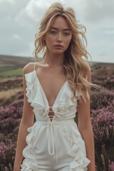 Fototapeta na wymiar Beautiful girl in a white dress in a field of daisies, young beautiful woman in a field in a White dress, bride, wedding