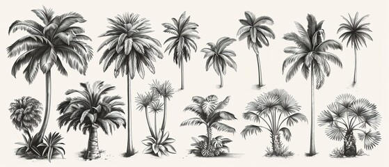 Collection of hand drawn palm trees with several sizes and shapes trees in backdrop with space, Generative AI.