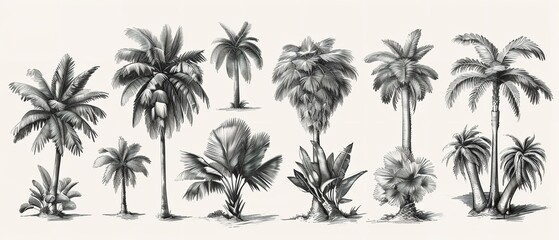 Fototapeta na wymiar Collection of hand drawn palm trees with several sizes and shapes trees in backdrop with space, Generative AI.