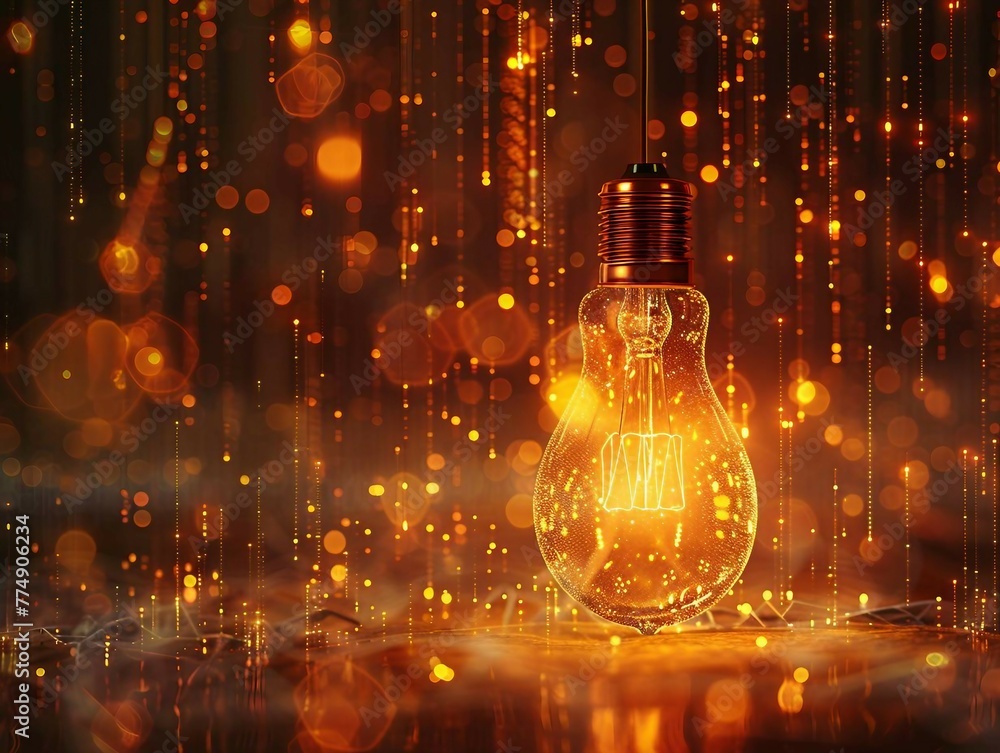 Poster yellow digital light bulb icon with glowing data streams symbolizes the innovative of artificial int
