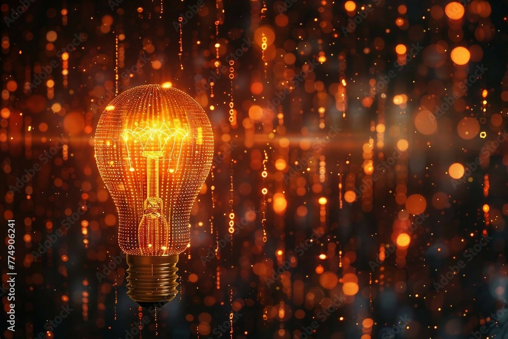 Poster yellow digital light bulb icon with glowing data streams symbolizes the innovative of artificial int