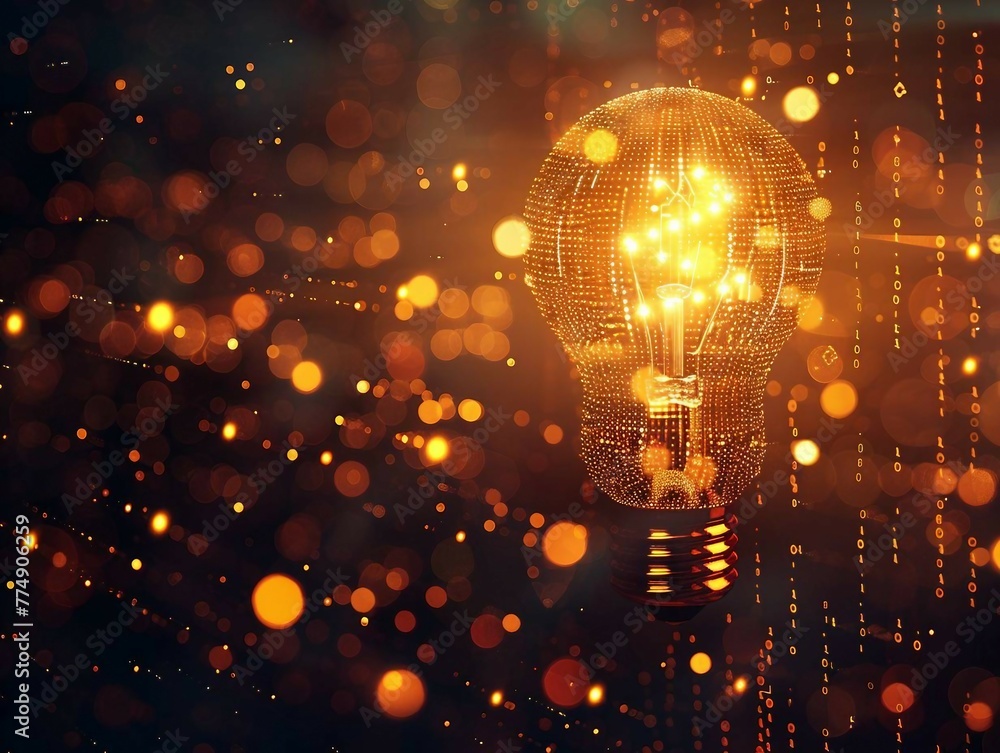 Poster yellow digital light bulb icon with glowing data streams symbolizes the innovative of artificial int