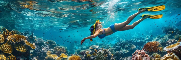 Exploring the underwater realm  photorealistic image of snorkeling and swimming observation - obrazy, fototapety, plakaty