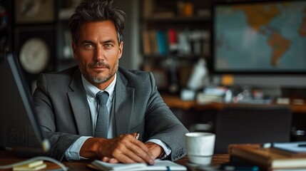 European man sits at his office desk with a cup of coffee in hand - obrazy, fototapety, plakaty