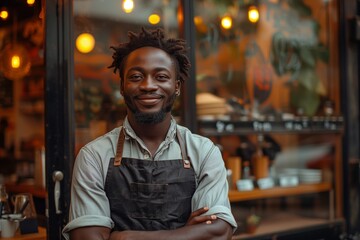 Smiling barista in Brazil, standing outdoors near café glass door, gazing at the camera - obrazy, fototapety, plakaty