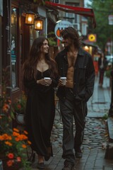 Fototapeta premium Pair strolling, hands entwined, enjoying steaming coffee together, immersed in intimate conversation, savoring each moment