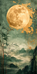Chinesische Kunst, Bambusblätter, Mond