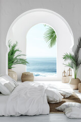 white room with a bed blue sea