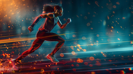 African American female athlete runner, dynamic background. Concept: Professional sport, participation in championships, high performance