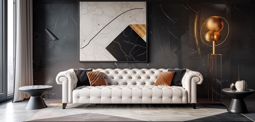 Ebony-pearl contrasts, white leather sofa, geometric art.