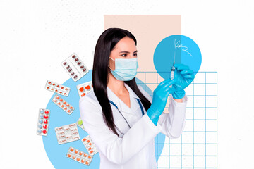 Composite photo collage of concentrate girl doctor wear mask robe gloves make vaccine covid...