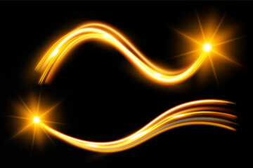 Light wave,shiny gold lines.Color glowing design element.Wavy bright stripes.Vector illustration.
