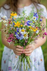 A young girl presents a bouquet of wildflowers