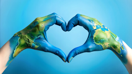 Manos pintadas de azul. Manos simulando el planeta tierra. Concepto del Día del la Tierra y medio ambiente. Manos formando un corazón sobre fondo azul. - obrazy, fototapety, plakaty