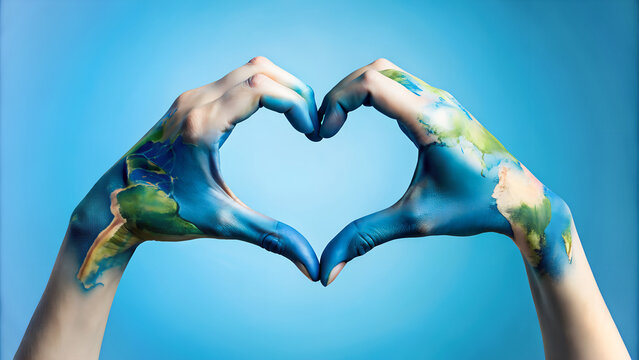 Manos pintadas de azul. Manos simulando el planeta tierra. Concepto del Día del la Tierra y medio ambiente. Manos formando un corazón sobre fondo azul.