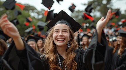 Graduates joyfully toss their caps skyward, celebrating their achievement with synchronized exuberance and unity - obrazy, fototapety, plakaty