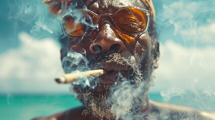 Photorealistic close up  jamaican man smoking marijuana on ocean shore, enjoying dried herb - obrazy, fototapety, plakaty