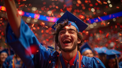 Graduates joyfully toss their caps skyward, celebrating their achievement with synchronized exuberance and unity