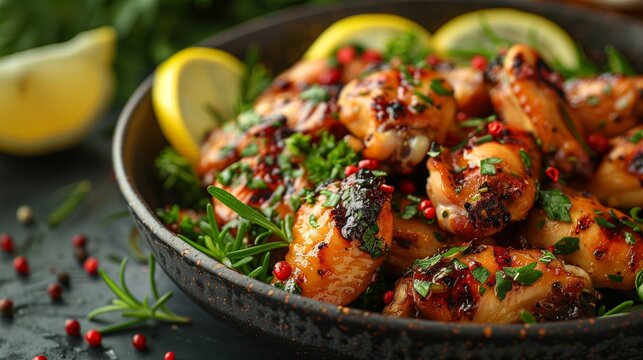 Tempting chicken wings adorned with zesty lemon and aromatic herbs, tantalizing the taste buds