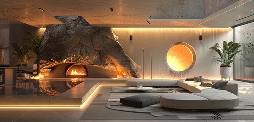 Holographic stone accent, futuristic fireplace, and high-tech furnishings in a sophisticated living room.