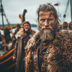 Scandinavian Viking man in traditional clothes with an ax and shield, after a battle in blood, beard and tattoo, battle drakkar