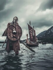 Scandinavian Viking man in traditional clothes with an ax and shield, after a battle in blood, beard and tattoo, battle drakkar