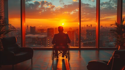Businessman in a wheelchair in a modern office lonely after a busy day