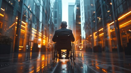Businessman in a wheelchair near the modern office - 774907615